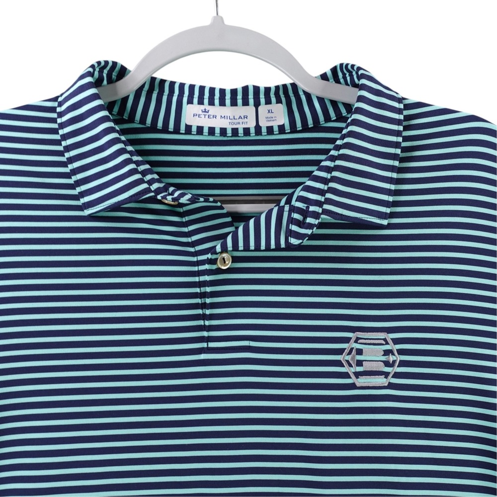 Peter Millar Bettinardi Polo Shirt Mens XL Tour Fit Navy Mint Stripe Golf Jersey